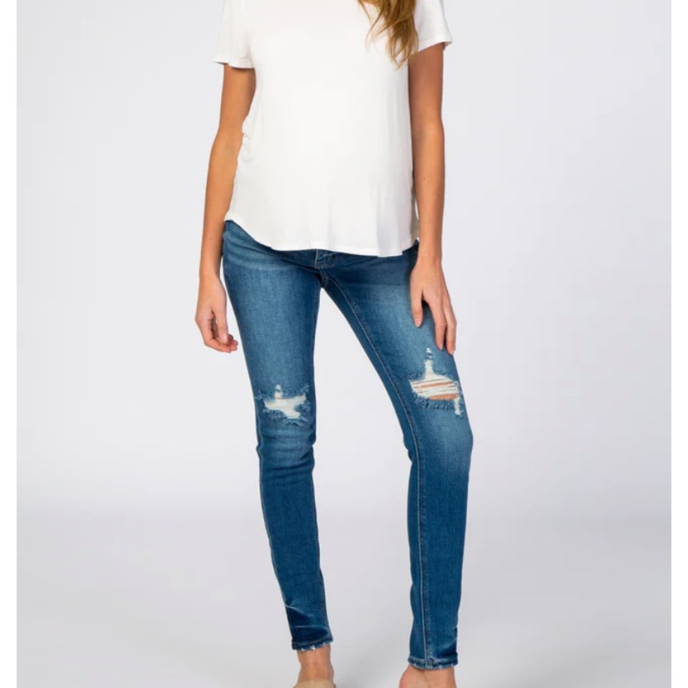 BLUE DISTRESSED SIDE INSERT MATERNITY JEANS